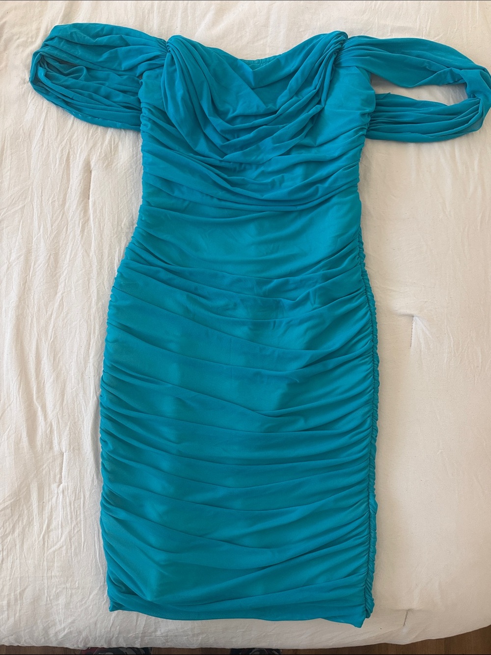 Fashion Nova Teal Off the Shoulder Ruched Bodycon Dress